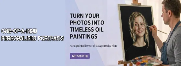 Custom personalised portrait service with an artist hand‑painting a woman’s photo into a realistic oil painting, showcasing one‑of‑a‑kind hand‑painted artwork.